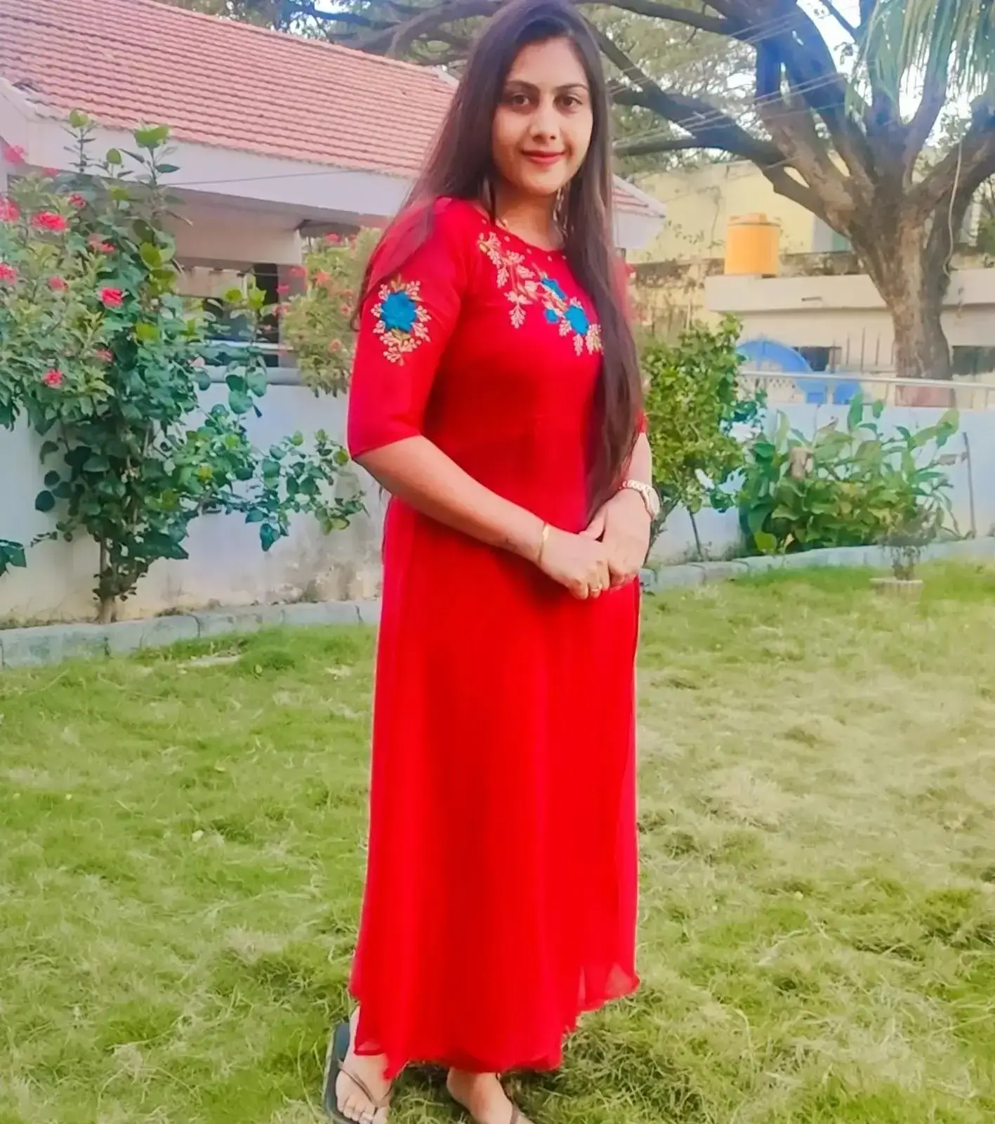 Indian TV Model Priyanka Naidu Long hair in Red Dress